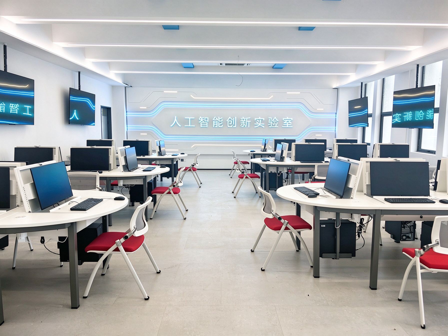 配备分组电脑工位与展示屏的电脑机房